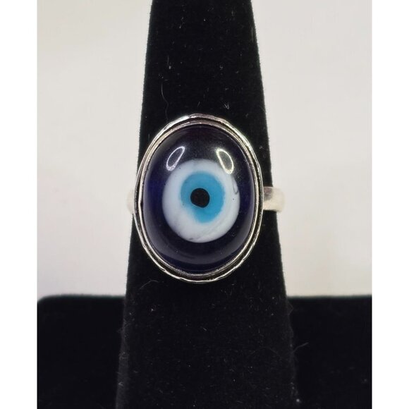 Handmade Jewelry - 925 Sterling Silver Plt Evil Eye Obsidian Ring Size 7 Bezel Setting Boho Jewelry